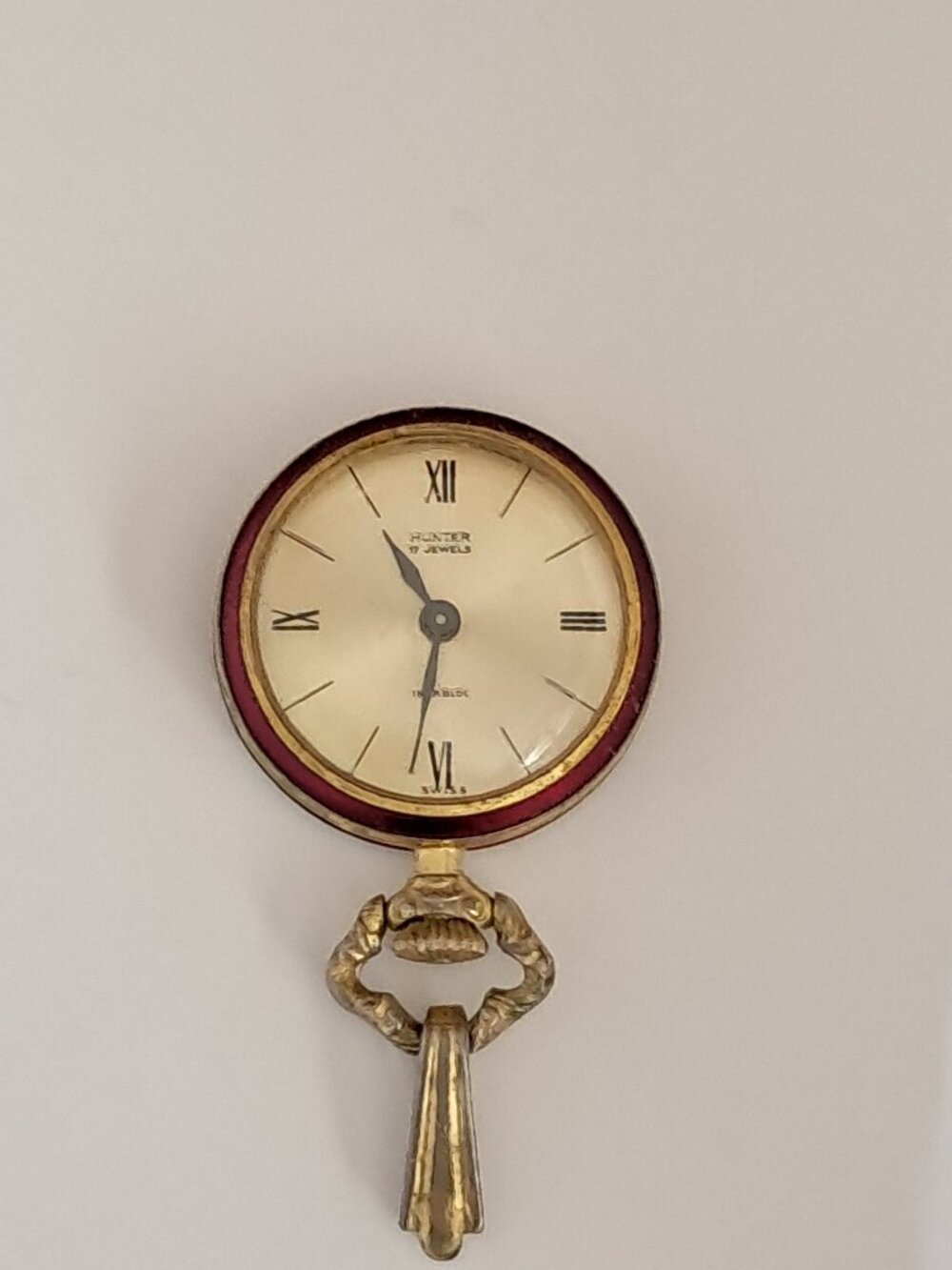 Vtg Hunter 17 Jewels Incabloc Red Floral Enamel Pendant Mechanical Watch Runs - Picture 6 of 7